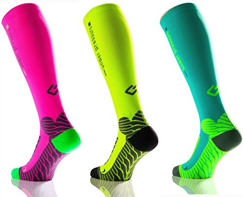 Sport Kompressionsstrumpf under pressure RUNATTACK (Kompression: 18-21mmHg) (neon gelb, Gr. 35-38 (Wadenumfang: 28-38cm))