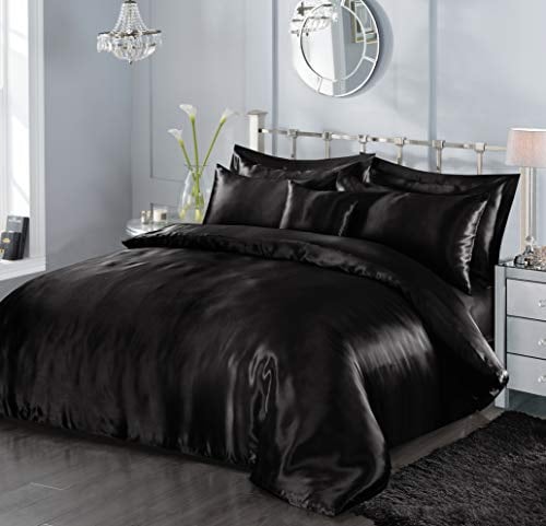 7 Piece Satin Sheets Super Soft Shiny Bedding Sets, 1 x Duvet Cover, 1 x Fitted Bed Sheet, 4 x Pillow Cases, 1 x Cushion Cover, Full Complete Bed Set (Black, Double)