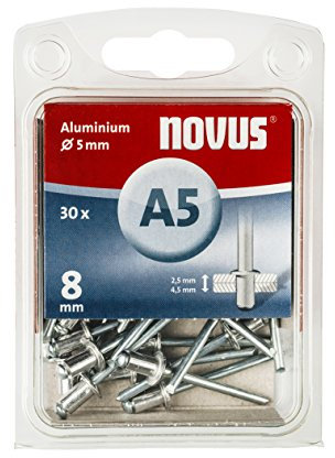 Novus Aluminium-Blindnieten mit 8 mm Länge, 30 Nieten, Ø 5 mm, 2.5-4.5 mm Klemmlänge, für Kunststoff, Stoffe und Leder