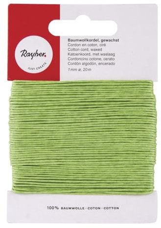Rayher Baumwollkordel, gewachst, 1 mm ø, Karte 20 m, maigrün, Baumwollschnur, Schmuckkordel, 5169185