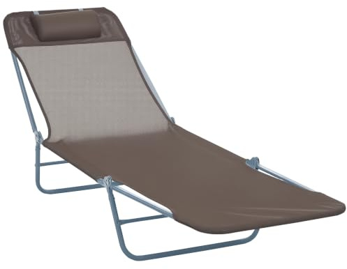 Outsunny Folding Sun Loungers for Garden Texteline Coffee | Reclining Sun Bed, 5 Position Adjustable Backrest, Headrest, Portable Garden Lounger Recliner Chair, for Beach, Patio, Camp