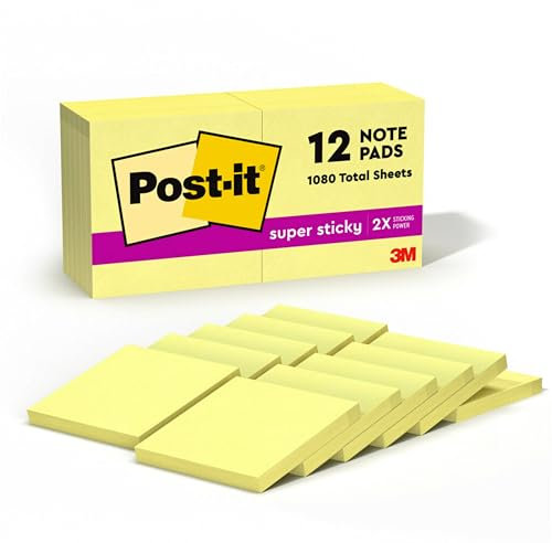 Post-it Super Sticky Notes, Double The Sticking Power, 12 Pads, 1080 Sheets, 76 mm x 76 mm, Canary Yellow - Self-Sticking Notes for Walls, Monitors and Fridge