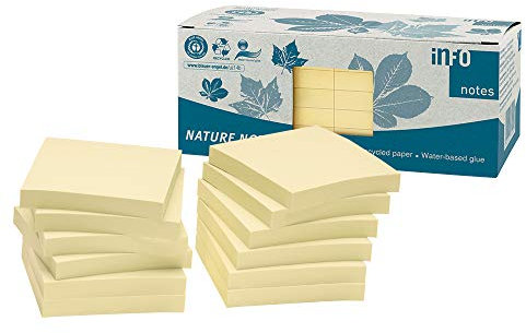 100% Recycling Haftnotizen, gelb, 75 x 75mm, zertifiziert mit dem Blauen Engel, 100 Blatt pro Block, 12 Blöcke in Recycling Box verpackt