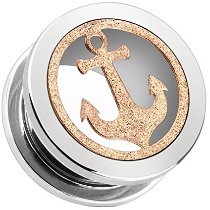 Piercingfaktor Flesh Tunnel Ohr Piercing Plug Ohrpiercing Schraub Ear Edelstahl Schraubverschluss Rosegold Anker Inlay Rose Gold Silber 14mm