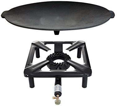 PaellaWorld 3030+4536 Hockerkocher mit 8,5 kW Leistung, Abmessung 30 x 30 x 15 cm und Gusseisengrillschale Durchmesser 45 cm inklusive Gasschlauch und Regler