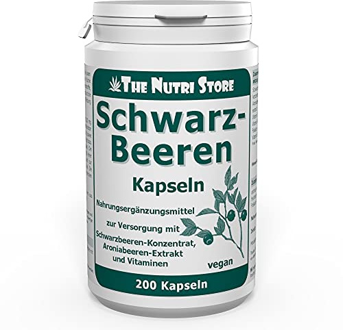 Schwarz Beeren vegane Kapseln 200 Stk. - Schwarzbeerenkonzentrat 600 mg + Aroniabeeren-Extrakt 585 mg je Tagesdosis - 2 Monatsvorrat - The Nutri Store - Made in Germany