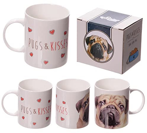 Puckator MUG184 Tasse Mops Pug and Kisses Design Fine Bone China weiß/beige/schwarz