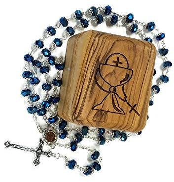 Bethlehem Gifts TM Schmuckkästchen für die Erstkommunion mit Rosenkranz, Olivenholz, Dunkelblau