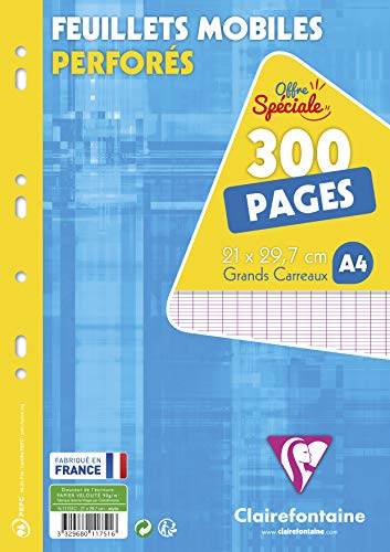 Clairefontaine 11751C - Packung mit 150 Blatt Ringbucheinlagen DIN A4 21x29,7 cm, 90g gelocht, französische Lineatur, eingeschweißt, Weiß, 1 Pack