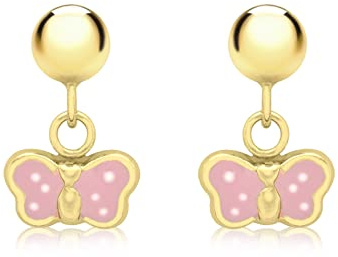 Carissima Orecchini a lobo pendenti con farfalla smaltata rosa da donna in oro giallo 9 ct