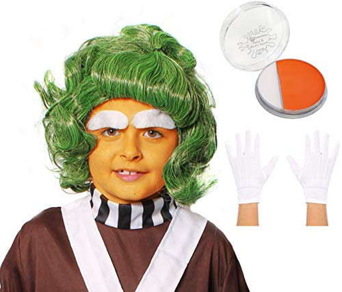 Kinder-Kostümzubehör Fabrikarbeiter in Charlys Schokoladenfabrik, Set für Mädchen & Jungen mit grüner Perücke, oranger und weißer Gesichtsfarbe und weißen Kinderhandschuhen