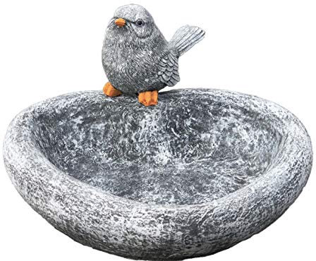 Vogeltränke Herz mit Steinfigur Vogel, Garten Deko, massiver Steinguss, frostfest bis -30°C