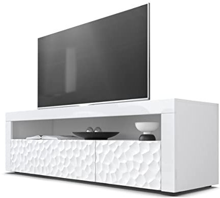 Vladon Buffet Bas Valencia, Meuble TV avec 1 Compartiment Ouvert et 2 clapets, Blanc/Blanc Haute Brillance Calypso Structure 3D/Blanc Haute Brillance (155 x 46 x 40 cm)