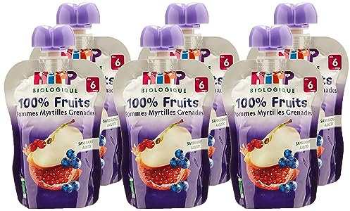 Hipp Biologique Set de 6 Gourdes de Pommes Myrtilles Grenades 90 g
