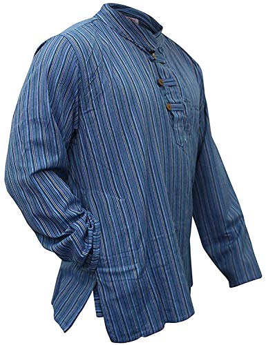 SHOPOHOLIC FASHION Multicolore Mix dharke Rayures léger Confortable Manches Longues Traditionnel Chemise Grand-père, Hippie Boho, S M L XL XXL XXXL - N. Bleu, Large