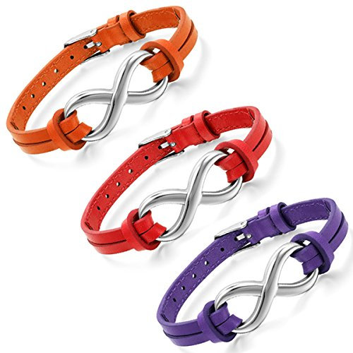 Aroncent 3 PCS Damen Herren Armband, Charme Infinity Armreif Partnerarmband Freundschaftsarmband, Leder Edelstahl, Lila Rot Orange