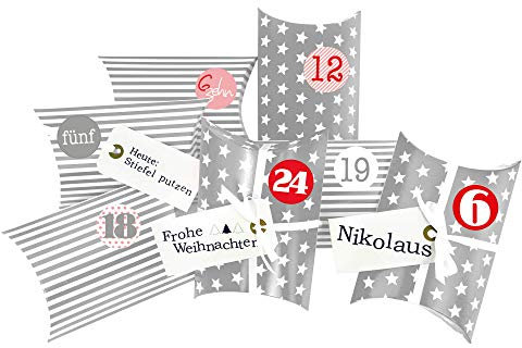 Frau WUNDERVoll® DIY ADVENTSKALENDER CHRISTKIND zum Befüllen, grau Sterne und Streifen, Ziffern rosa-rot, Kissenschachteln 15x11x4,5cm / Weihnachten, Papiertüten, Kinder, Geschenkbeutel, Aufkleber