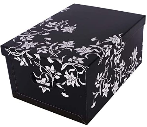 Kreher XXL Dekokarton, Aufbewahrungsbox mit Deckel und Griffen. 45 Liter Volumen. Verschiedene Motive (Barock Blume Schwarz)