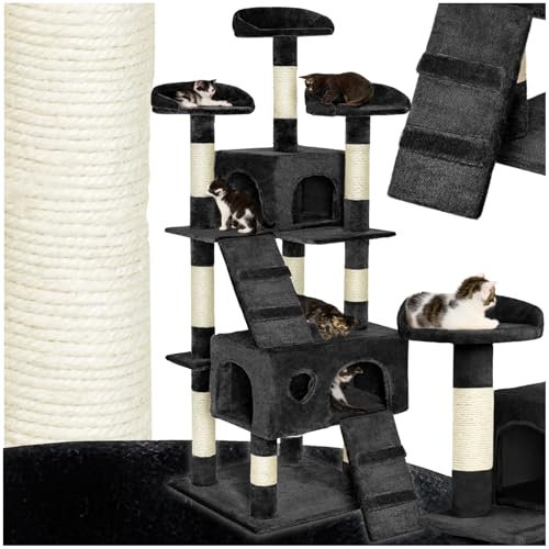 tectake® Tiragraffi per Gatti con Casette, Tiragraffi Gatto con Piattaforme e Colonna Grattatoio, Albero per Gatti Altezza 170 cm, Torre Gatti per Interni, Casa per Gatti - Nero