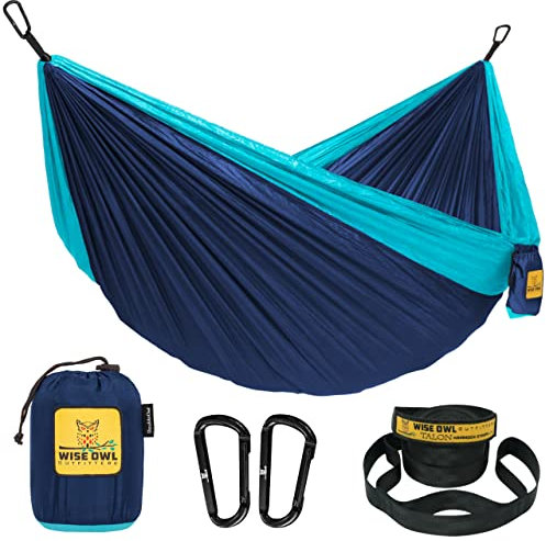 Wise Owl Outfitters Hängematte - Outdoor Hängematte für 2 Personen - Ultraleichte Reisehängematte - Belastbar bis 226 kg - Camping Zubehör - Inkl. Aufhängung u. Karabiner (Marineblau und Hellblau)