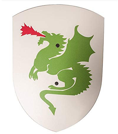 VAH - Stabiles, gebogenes Ritter Schild mit Drachen Motiv aus Pappelholz - kleines Modell: 27/37cm - Farbe: weiß [Unbedenkliche Farben | 1 genieteter Halteriemen aus Kunstleder | Made in Germany]