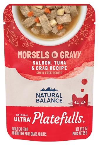 Natural Balance Original Ultra Platefulls Adult Grain-Free Wet Cat Food, Salmon, Tuna & Crab Recipe in Gravy, 3 Ounce Pouch (Pack of 24)