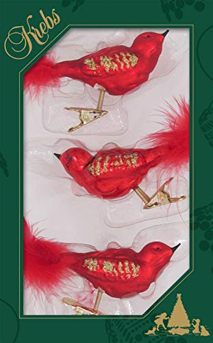 Krebs Glas Lauscha - Weihnachtsdekoration/Christbaumschmuck aus Glas - Vögel auf Clip - Farbe: Weihnachtsrot/Satin-Rot - 3 Stück - Größe: ca. 11 cm