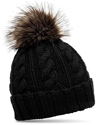 Caspar MU104 Damen Strickmütze mit Fellbommel, Farbe:schwarz, Größe:One Size