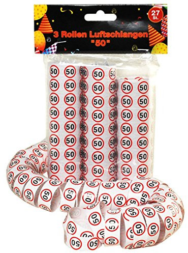 Udo Schmidt Luftschlangen 50. Geburtstag, 27 Stück je Packung, Verkehrsschild-Optik, 3,4 Meter lang, 1,4 cm breit