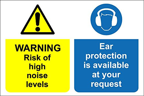 Warning risk of high noise levels ear protection is available at your request safety sign - 1.2mm rigid plastic 300mm x 200mm
