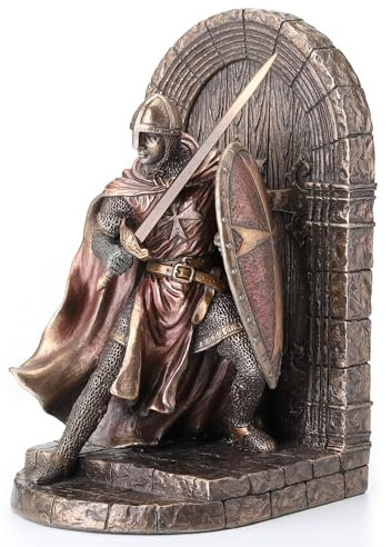 Veronese Design Malteser Kreuzritter Statue, Bronze, Buchstütze mit Schild & Schwert, Realistisch, Aufwendige Details, Braun
