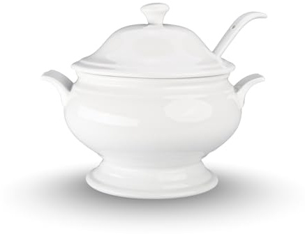 BIA Cordon Bleu Soup Tureen Set, White Porcelain 3-Piece - 3.5 Qt Bowl with Lid & 10 Ladle, Sturdy Handle, Microwaveable Elegant Dinnerware for Serving Soup, Stews, Desserts - Great for Holidays
