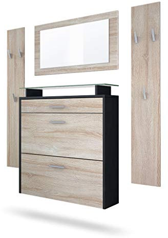 Vladon Garderobe Malea, Garderobenset bestehend aus 1 Hängeschuhschrank, 1 Wandspiegel und 2 Garderobenpaneele, Schwarz matt/Eiche Sägegrau