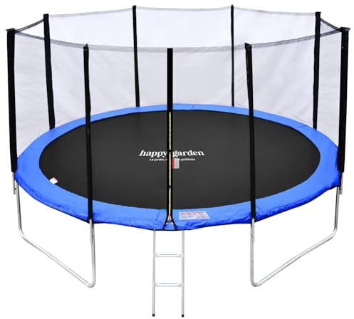 Pack Premium Trampoline de Jardin Rond pour Enfants 430cm réversible Bleu/Vert Melbourne + Filet, échelle, bâche et kit d'ancrage, Montage Facile