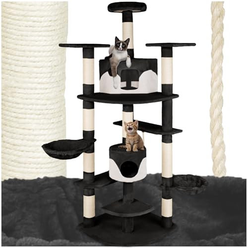 tectake® Rascador Árbol para Gatos 4 Plataformas, 2 Casetas, Varias Alturas, 2 Nidos Basculantes, Rascador para Gatos Grandes, Árbol Rascador para Gatos, Casa para Gatos - 204 cm Negro/Blanco