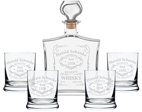 Set de regalo con botella de whisky y vasos con grabado, vidrio, transparente, 1 Flasche + 4 Gläser