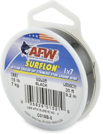 American Fishing Wire Surflon, Nylon Coated 1x7 Stainless Steel Leader Wire, 15 lb Test, .015 Diameter, Black, 30 ft
