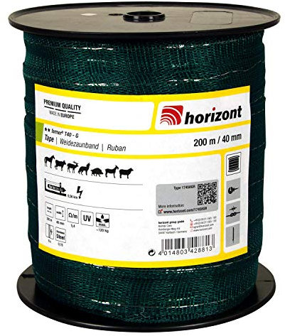 horizont Weidezaunband farmer T40-G, 200 m lang, 40 mm breit, Breitband Litze, Weidezaun Strom, Elektrozaun, für kurze Zäune, 120 kg Bruchlast, Band, Litze Weidezaun