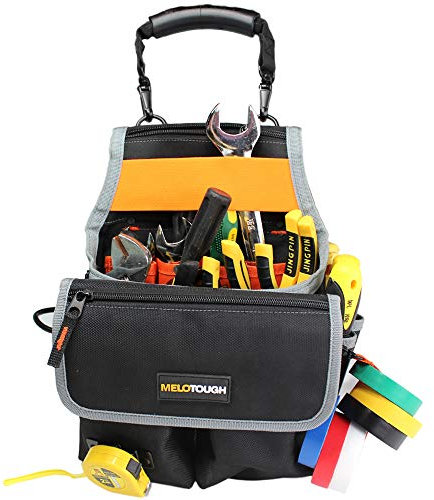 MELOTOUGH Electrician Tool Pouch Bag with Shoulder Strap Tool Belt Pouch with Rain Cover and Electrical Tape Strap,Hammer Holder Electricians Tool Bag (20 Pockets)