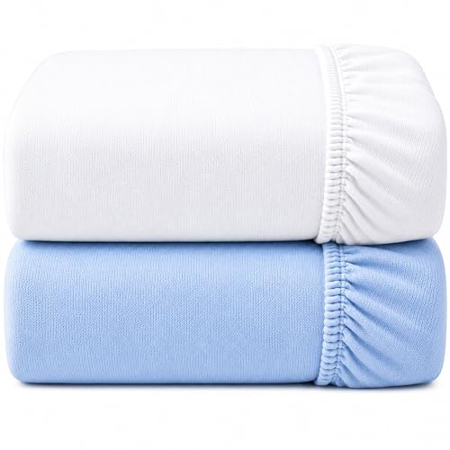 DuDu N Girlie Spannbettlacken für Kinderwagen/Kinderbett/Babykörbchen, Baumwoll-Jersey, Weiß & Blau, 2 Stück