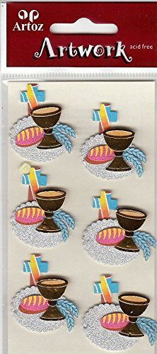 Artoz Artwork 3D Motiv-Sticker 185550-85,Kelch und Kreuz, Kelch aus Spiegelkarton Gold, mit Brot, Ähre und Kreuz auf Glitterkarton Silber