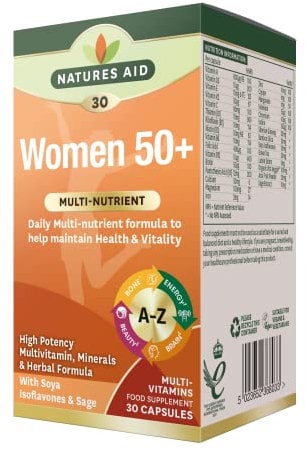 Natures Aid Women 50+ Multivitamins & Minerals – Bone, Heart, Hormone Support - Daily Multi-Vitamin Supplement for Women Over 50 – Vegan, Gluten Free, Non-GMO – 30 Capsules