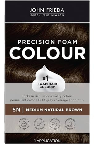 John Frieda Precision Foam Colour, Medium Natural Brown 5N, Full-coverage Hair Color Kit, Anti-Fade Gray Coverage, Deep Color Saturation Hair Dye, 1 Application