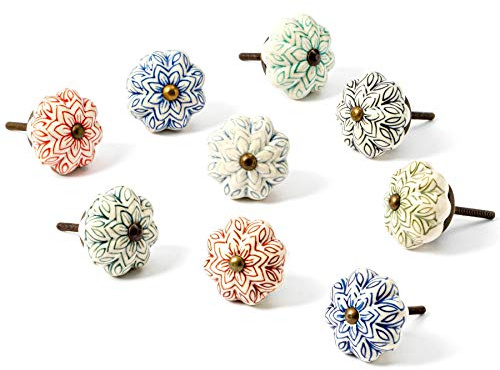 Nicola Spring Ceramic Cupboard Drawer Handle Knobs - Vintage Flower Design - Set of 9