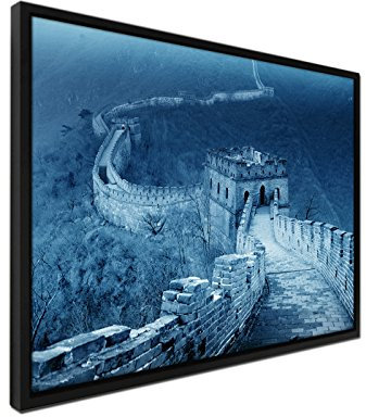 Paul Sinus Art 105x75cm Wandbild – Farbe Blau Petrol - auf Leinwand inkusive Schattenfugenrahmen schwarz - Chinesische Mauer Gebirge