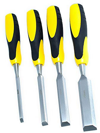 Wood Chisel Set - 4 Pieces,Wood Woodworking Carbon Steel Anti Slip Grip Striking Cap Chisel Set- Grip Colour May Vary