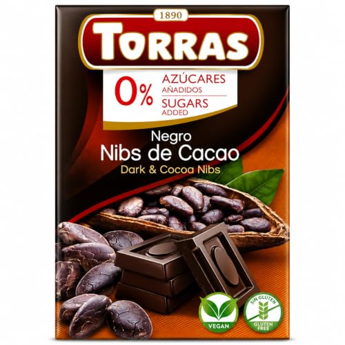Torras Schokolade ohne Zucker, Schokolade ohne Zuckerzusatz, Schokolade mit Kakao-Nibs, Tafel (75g)