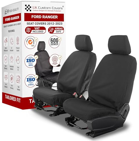 Seat Covers to fit the Ford Ranger 2012-2023 Waterproof, Heavy Duty, Seat Mounted Airbag Compatible, Durable, Easy to Fit - Tailored Drivers and Single Passenger Seat Covers