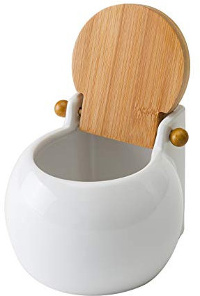 Salero cuadrado de cerámica con tapa de bambú 13 x 12 x 11 cm - Blanco