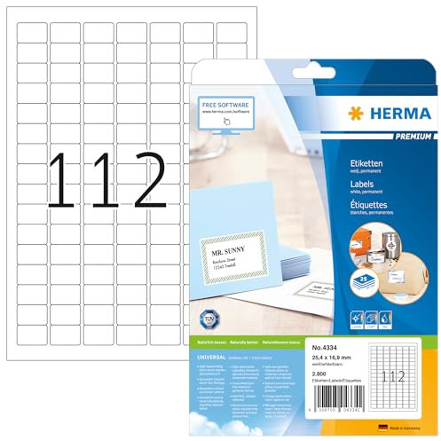 HERMA 4334 Universal Etiketten, 25 Blatt, 25,4 x 16,9 mm, 112 pro A4 Bogen, 2800 Stück, selbstklebend, bedruckbar, matt, blanko Papier Klebeetiketten Aufkleber, weiß